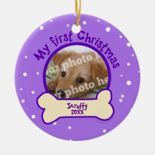 Purple My First Christmas Custom Photo Name Dog Ceramic Ornament