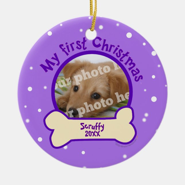 Purple My First Christmas Custom Photo Name Dog Ceramic Ornament (Front)