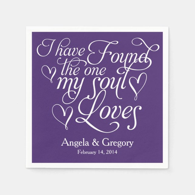 Purple My Soul Loves Heart Personalised Wedding Napkin (Front)