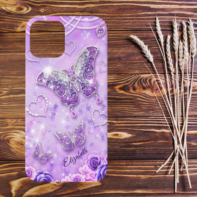 Purple n Pink Butterflies and Hearts Case-Mate iPhone Case (Purple and Pink Butterflies with Roses and Pearls and a Custom Text Line Phone Case)