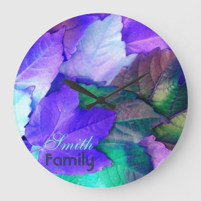 Purple N Teal Green Leaves Wall Clock *personalise (Front)
