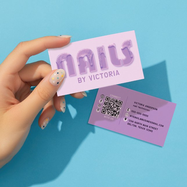 Purple Nails Glitter Drips Typography Nail Tech Business Card (Creator Uploaded)