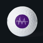 Purple Name and Modern Monogram Golf Balls<br><div class="desc">Personalised golf ball in your favourite colour purple with a modern font initial and fun script name or custom text for a golf team outing or wedding party golf trip. If you'd like to change the fonts or colours, you can edit the template by clicking 'customise further' and design your...</div>