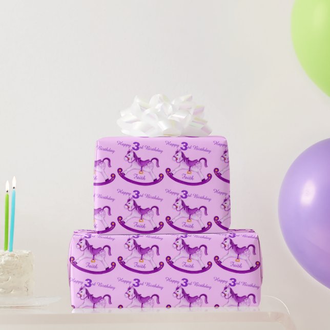 Purple named rocking horse 3rd birthday wrap wrapping paper (Party Gifts)