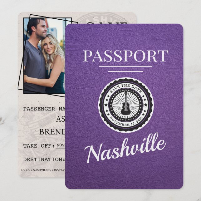 Purple Nashville Passport Save The Date (Front/Back)