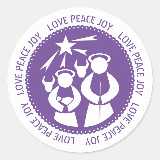 Purple Nativity Scene Love, Peace, Joy Christmas Classic Round Sticker (Front)