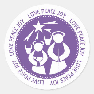 Purple Nativity Scene Love, Peace, Joy Christmas Classic Round Sticker