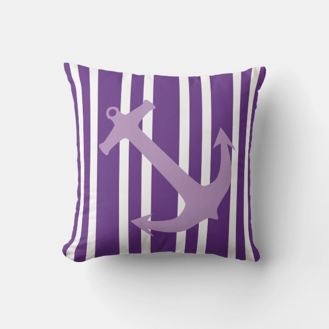 Purple Nautical Anchor Striped Pillow (Front)