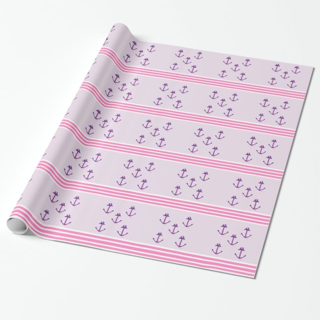 Purple Nautical Anchors and Pink Stripes Wrapping Paper (Unrolled)