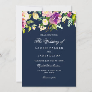 Purple Navy Floral Elegant Wedding Invitation