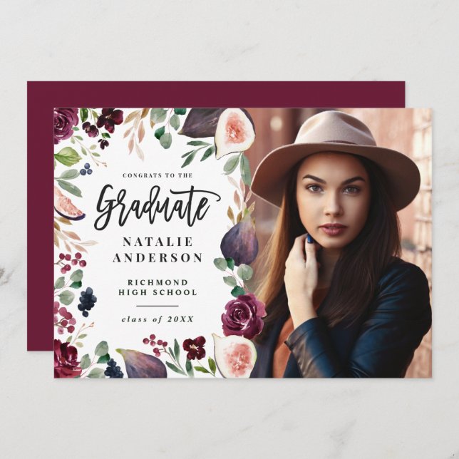 Purple navy floral photo graduate announcement (Front/Back)