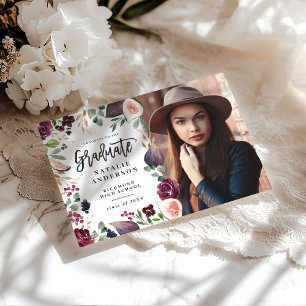 Purple navy floral photo graduate announcement