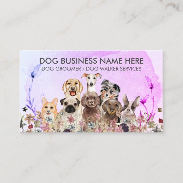 Purple Navy Pink Flowers Pet Sitter Walker dogs Business Card (Front)