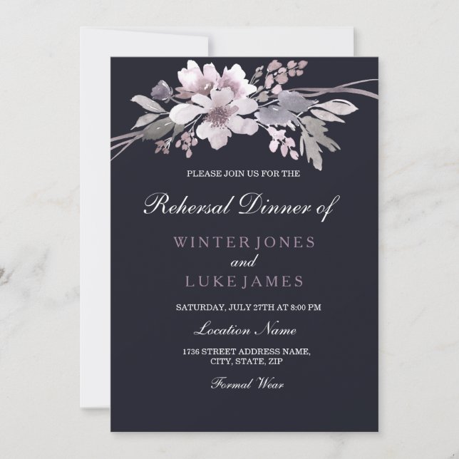 Purple Navy Winter Floral Wedding Rehearsal Dinner Invitation (Front)