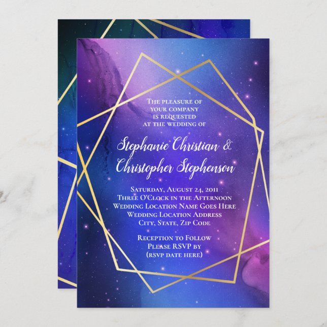 Purple Nebula Celestial Art Geometric Gold Wedding Invitation (Front/Back)