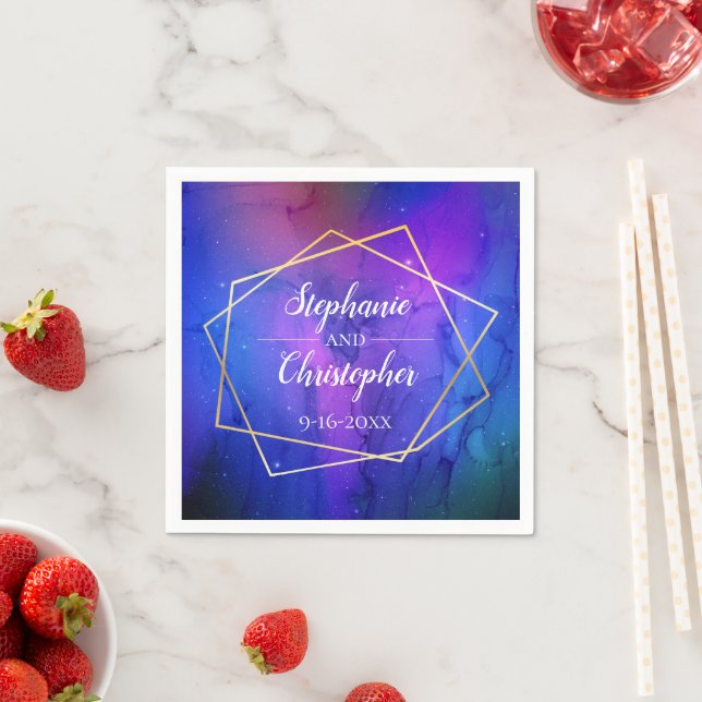 Purple Nebula Celestial Art Geometric Gold Wedding Napkin (Insitu)