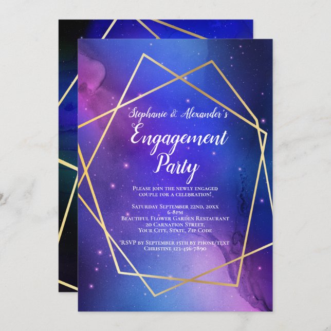 Purple Nebula Celestial Geometric Gold Engagement Invitation (Front/Back)