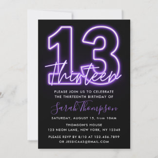 Purple Neon 13th Birthday Invitation