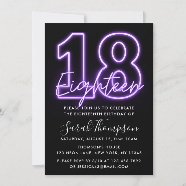Purple Neon 18th Birthday Invitation (Front)