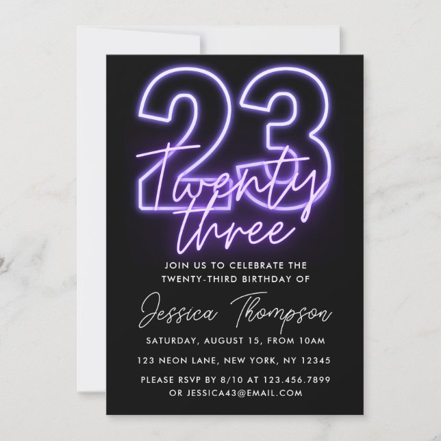 Purple Neon 23rd Birthday Invitation (Front)