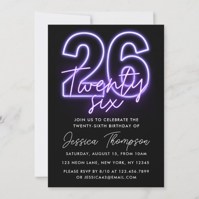 Purple Neon 26th Birthday Invitation (Front)
