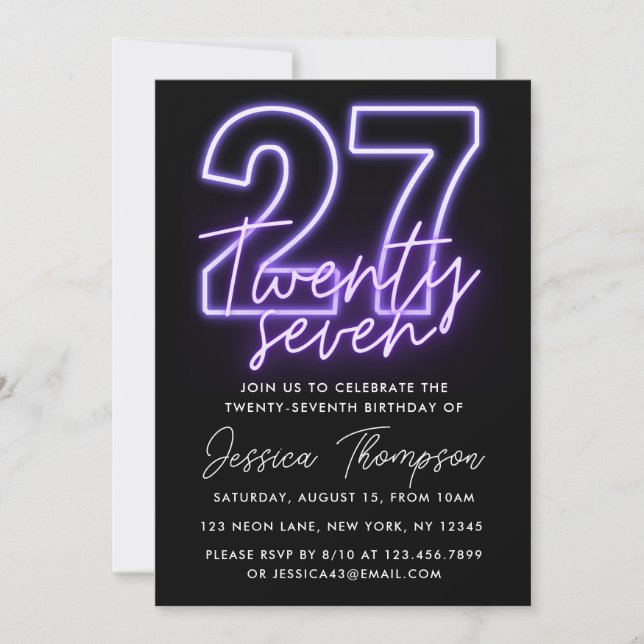 Purple Neon 27th Birthday Invitation (Front)
