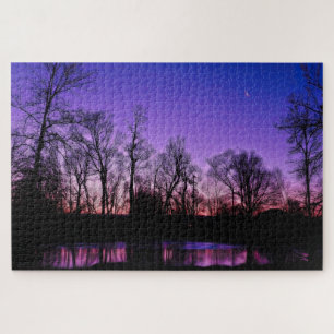 Purple Neon Art Sunrise Lake Reflection Jigsaw Puzzle