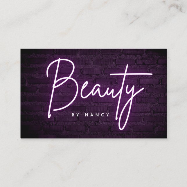 Purple Neon Beauty On Brick Wall Business Card (Front)