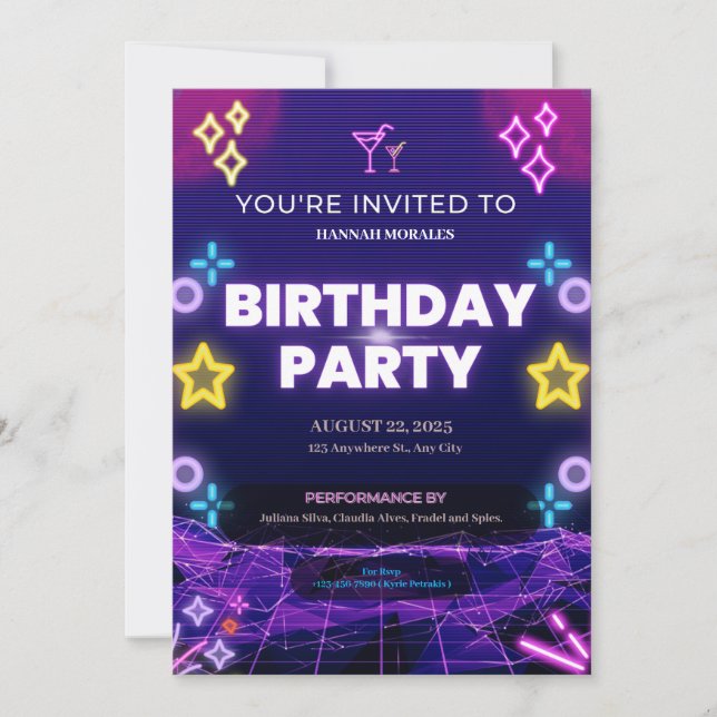 Purple Neon Birthday Party Invitation (Front)
