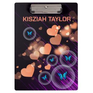 Purple Neon Butterfly Girls Heart Cute Custom Name Clipboard