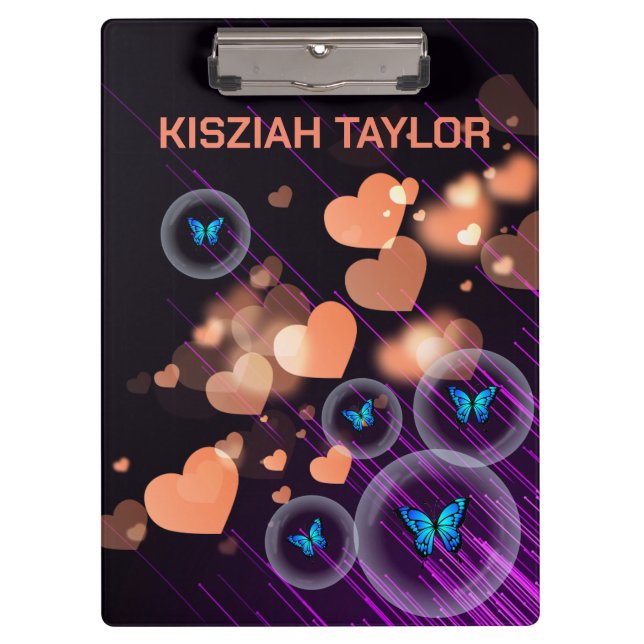Purple Neon Butterfly Girls Heart Cute Custom Name Clipboard (Front)