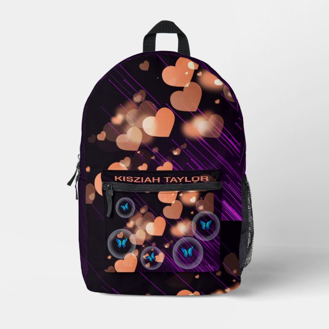 Purple Neon Butterfly kids Heart Cute Custom Name Printed Backpack (Front)