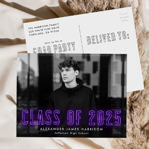 Purple Neon Class of 2025 Photo Graduation Party Invitation Postcard