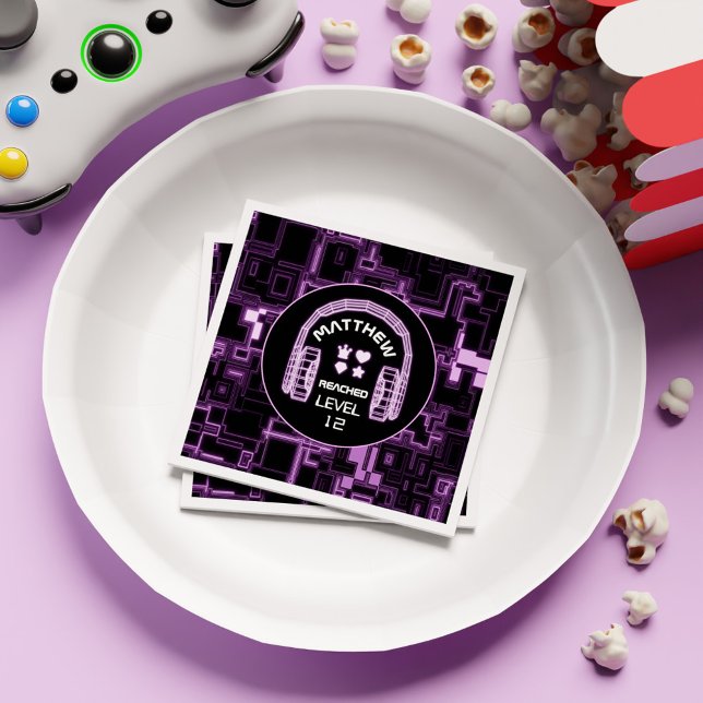 Purple Neon Gaming Boy Gamer Kids Birthday Party Napkin (Purple Neon Gaming Boy Gamer Kids Birthday Party Napkins)