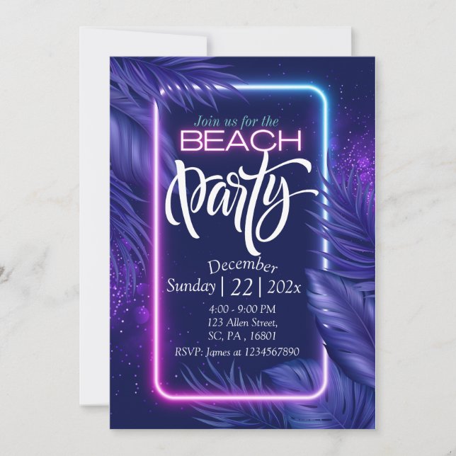 PURPLE NEON GLOW IN THE DARK BEACH PARTY INVITE  (Front)