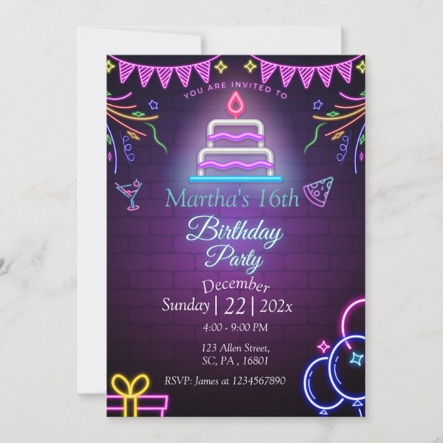 PURPLE NEON GLOW IN THE DARK BIRTHDAY PARTY  INVITATION (Front)