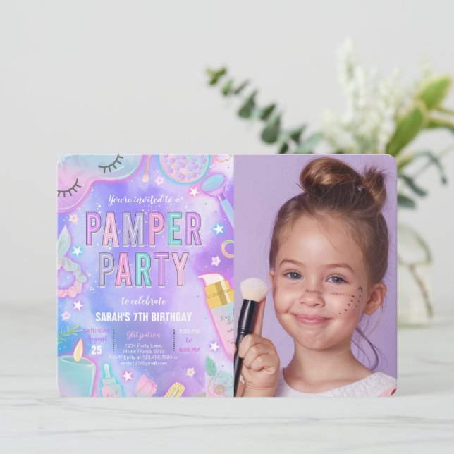 Purple Neon Glow Pamper Spa Party Birthday Photo Invitation (Standing Front)