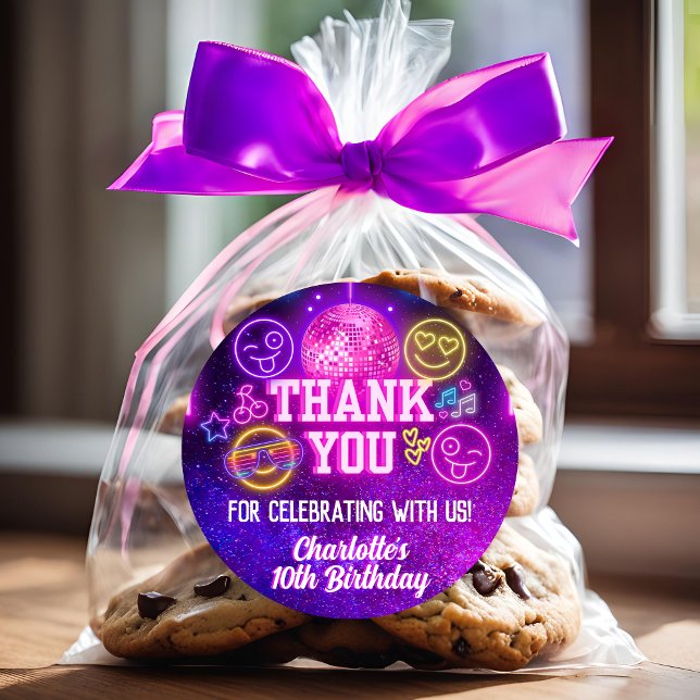 Purple Neon Glow Retro Cute Smile Faces Thank You Classic Round Sticker (Creator Uploaded)