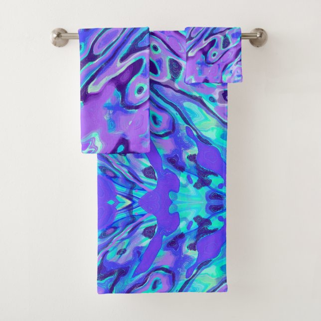 Purple Neon Marble Texture Abstract Liquid Paint Bath Towel Set (Insitu)
