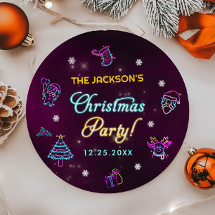 Purple Neon Modern Holiday Christmas Party Paper Plate