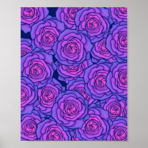 Purple Neon Roses Black Light Style Floral Art Poster