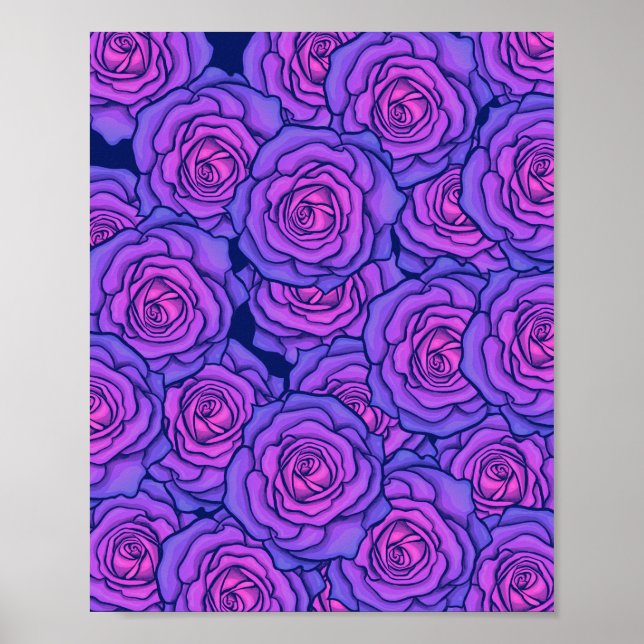 Purple Neon Roses Black Light Style Floral Art Poster (Front)