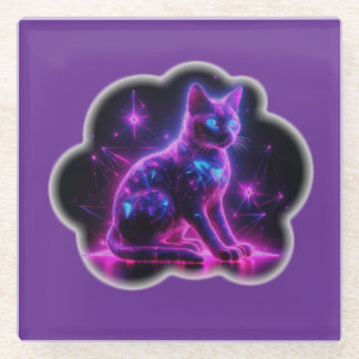 Purple Neon Siamese Cat With Blue Eyes & Starburst Glass Coaster