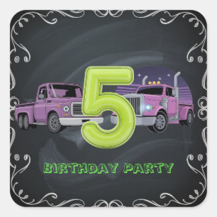 Purple Neon Trucks 5th Birthday Party Square Sticker