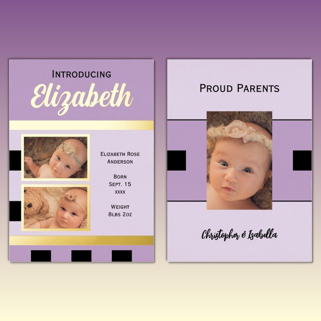 Purple new baby announcement gold foil flat card (Creator Uploaded)
