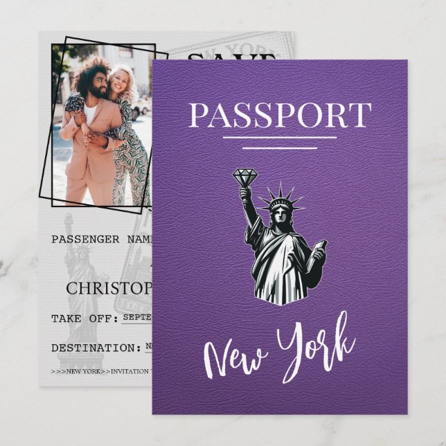 Purple New York City Passport Save The Date (Front/Back)