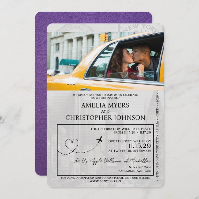 Purple New York City Passport Wedding Invitation (Front/Back)