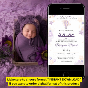 Purple Newborn Baby Girl Aqiqah Aqeeqa Muslim Invitation