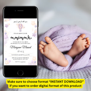 Purple Newborn Baby Girl Aqiqah Aqeeqa Muslim Invitation