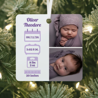 Purple Newborn Birth Stats Metal Tree Decoration